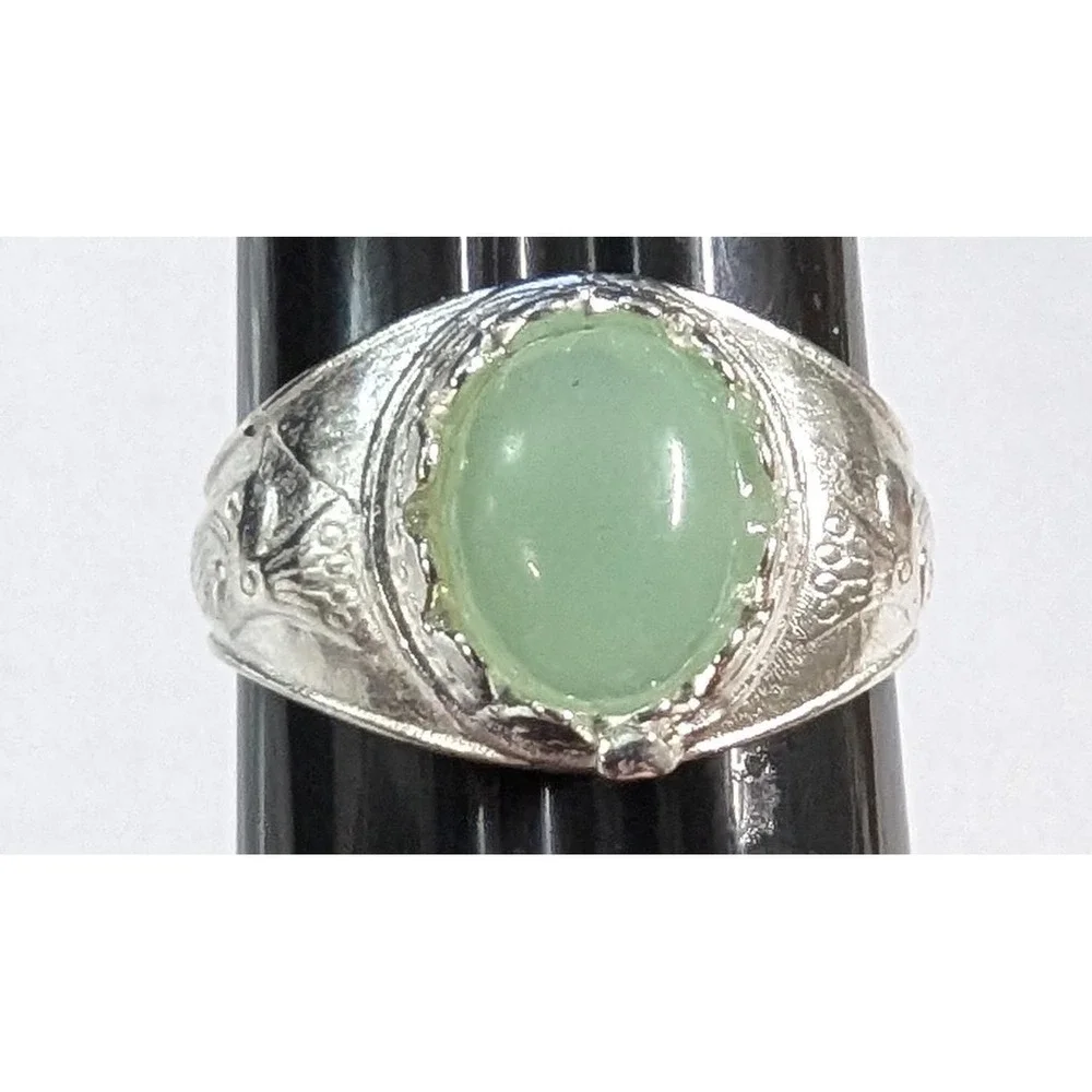 Silvertone Ring Size 10.5 10 1/2 Oval Green Cabachon Stone Mens Womens Large New
